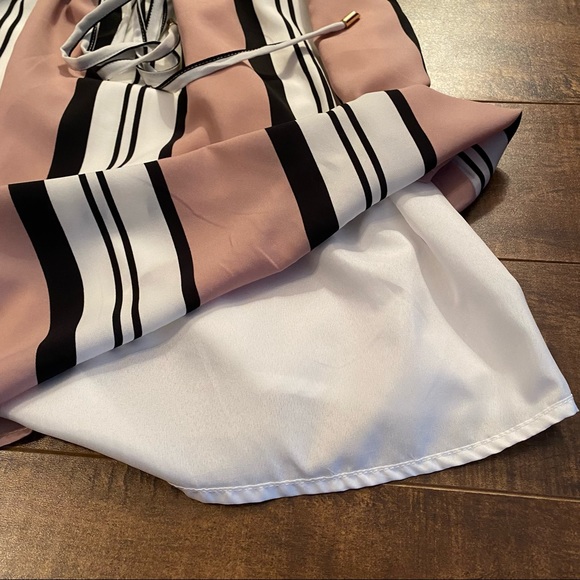 DEX Pink striped dress. Off the shoulder. Elastic waist with accent belt. - Picture 11 of 12